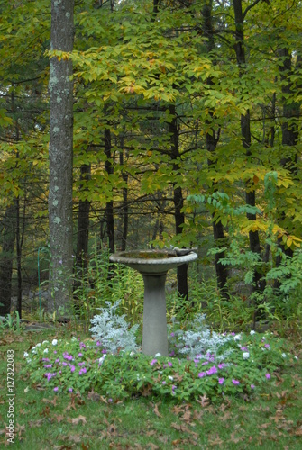 Birdbath in a garden, Massachusetts