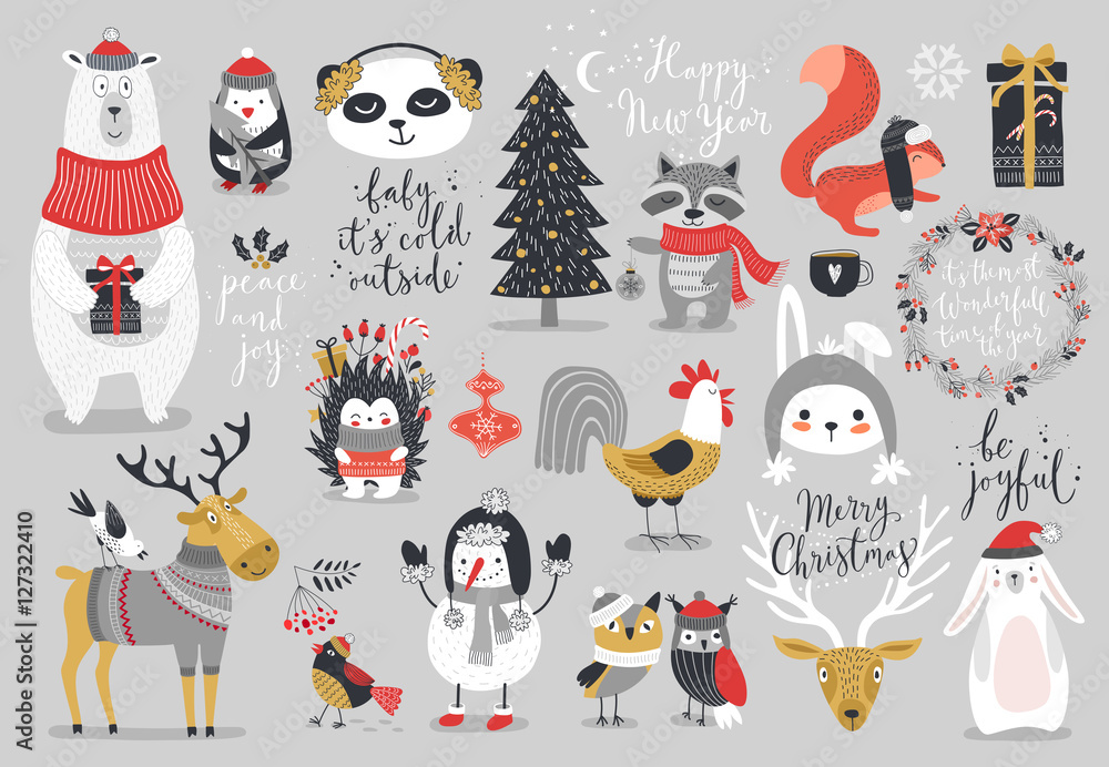 Fototapeta premium Christmas set, hand drawn style - calligraphy, animals and other elements.
