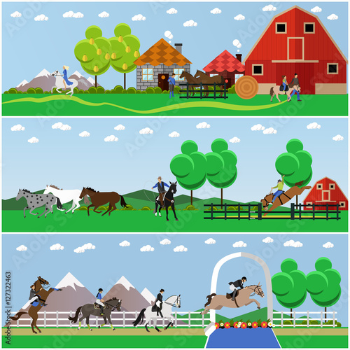 Horseback riding, show jumping, taming horses, farming, vector set