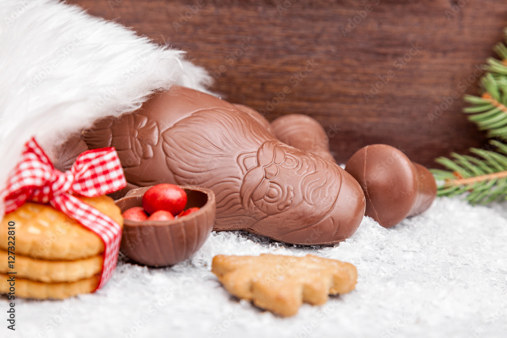 Festive Christmas background with sweets and decoration Festive Christmas background with sweets and decoration