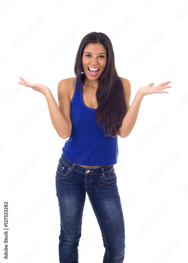 young attractive hispanic woman in casual top and jeans smiling happy and cheerful isolated young attractive hispanic woman in casual top and jeans smiling happy and cheerful isolated
