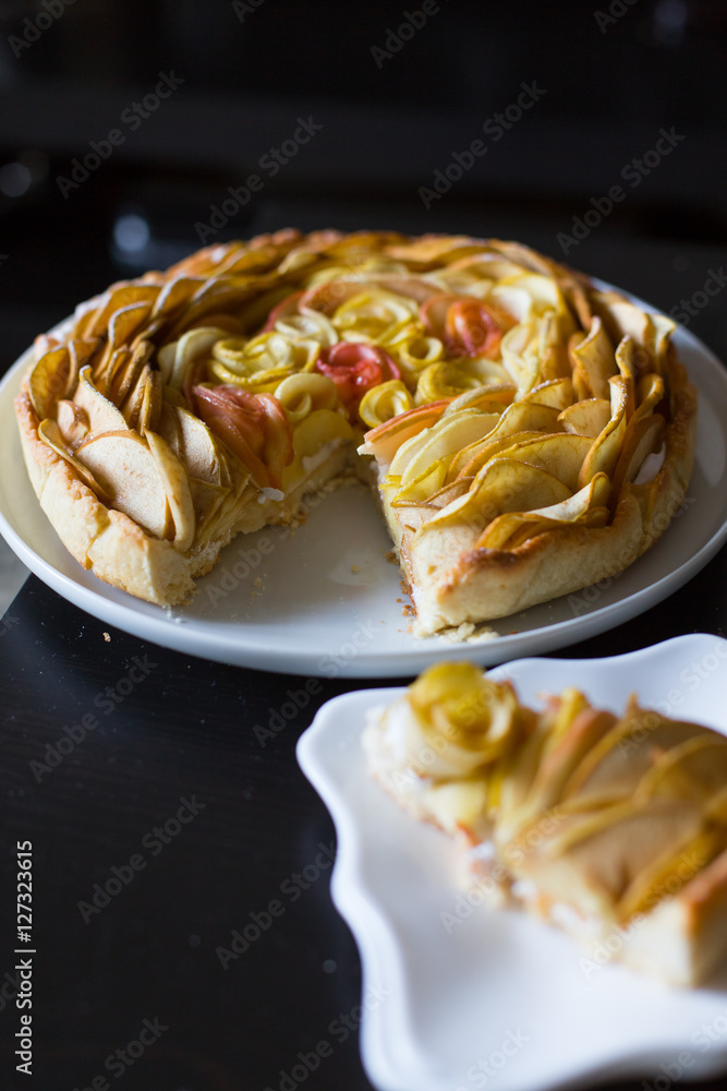 Apple homemade cake in the form of beautiful roses cofee yellow Apple homemade cake in the form of beautiful roses cofee yellow