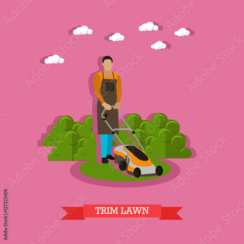 Gardener trimming lawn, vector illustration