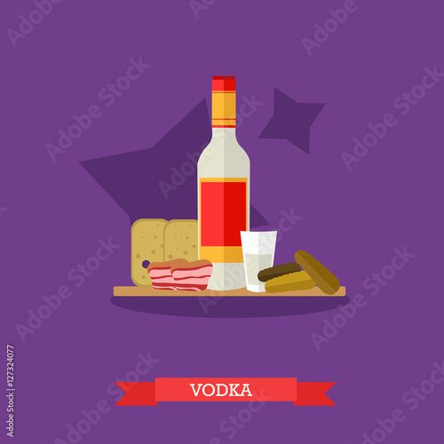 Vodka with light meal cucumber, bread and bacon, vector illustration