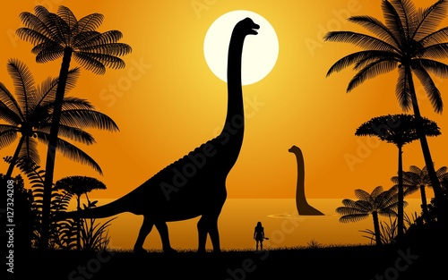 Silhouettes of dinosaurs. Two Abydosaurus on sunset background. Vector illustration.
