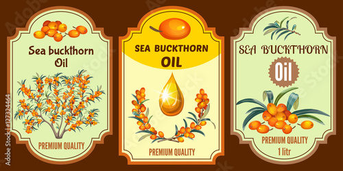 Collection of oil sea buckthorn labels, badges, sticker and icons