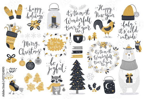 Christmas set, hand drawn style - calligraphy, animals and other elements.
