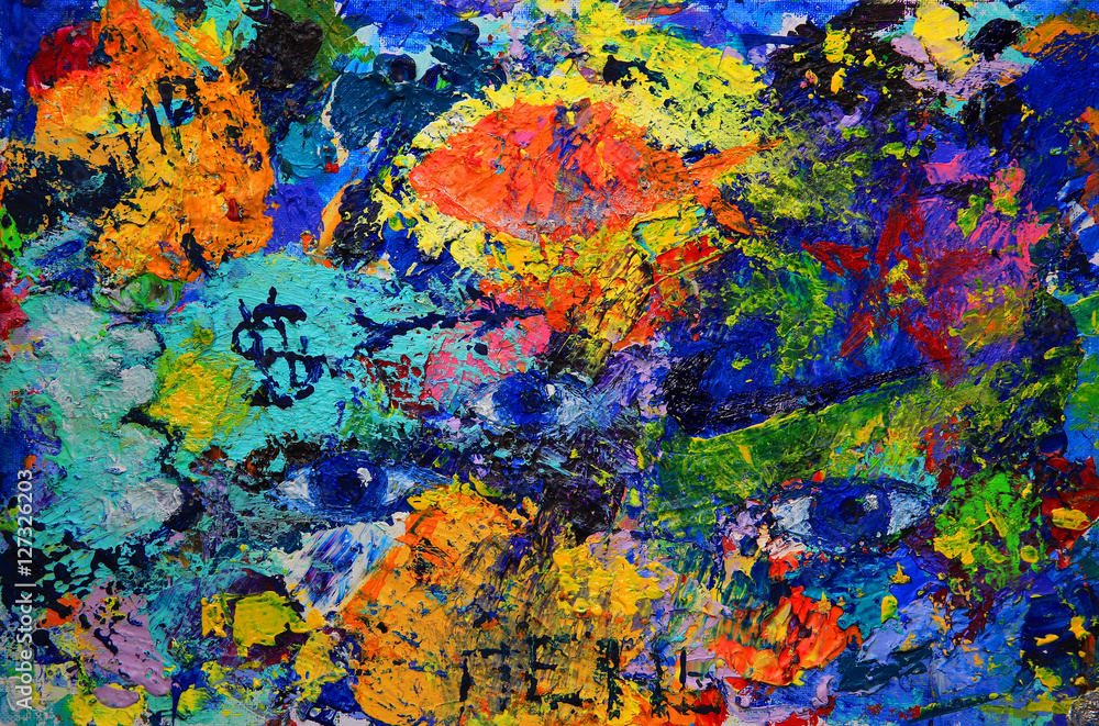 Abstract painting of the goldfish, eyes and people. Abstract painting of the goldfish, eyes and people.