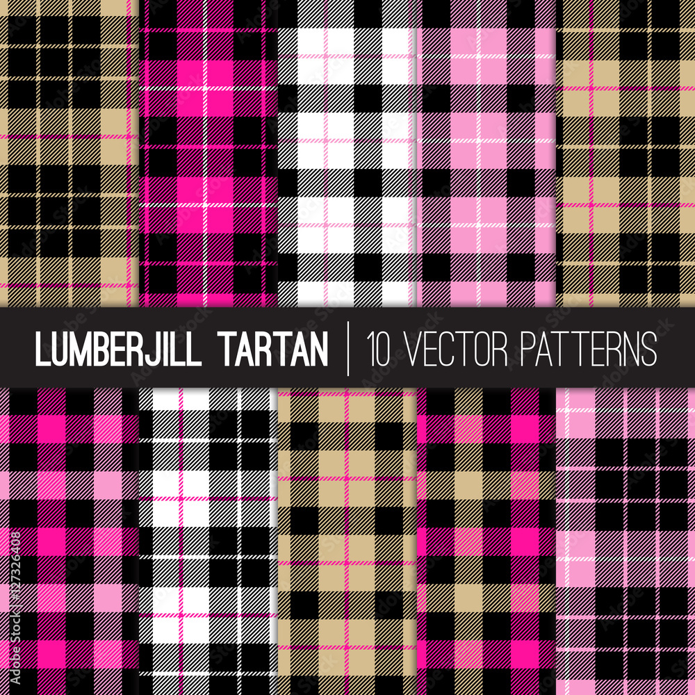 Lumberjill Tartan Plaid Vector Seamless Patterns in Pink, Black, Camel, White and Hot Pink. Girly Lumberjack Check. Trendy Hipster Style Backgrounds. Tile Swatches made with Global Colors