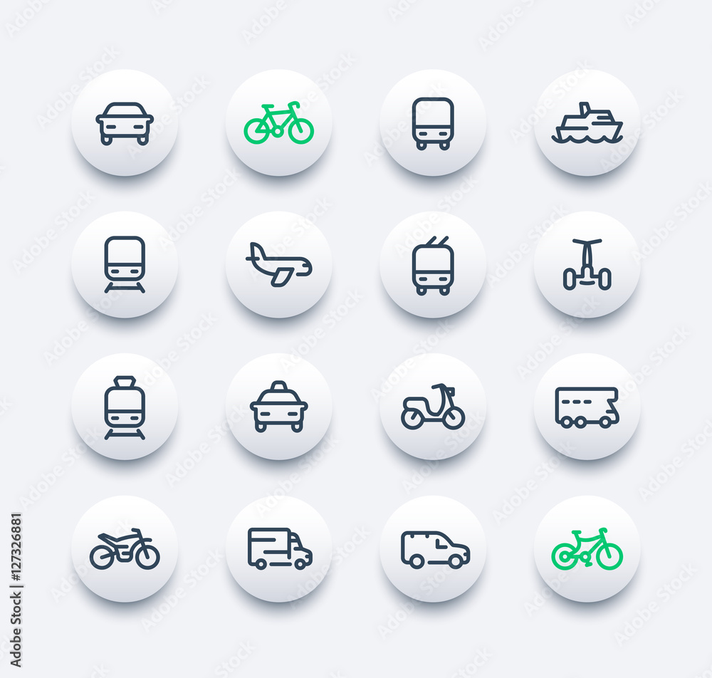 Transport line icons set, car, ship, train, airplane, van, bike ...