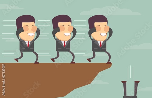 Blindfolded businessmen following each other to the cliff