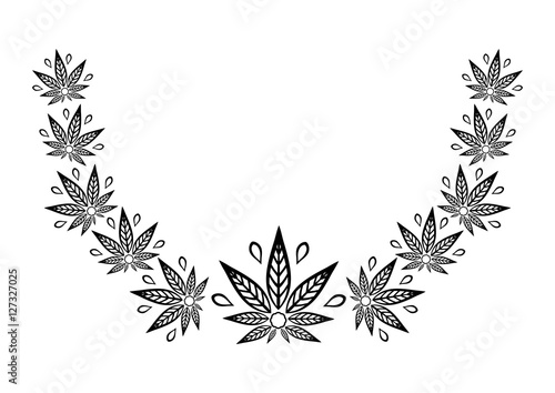 Decorative semicircular element of cannabis. Border of stylized hemp leaf to create promotional products, logos, decoration items.