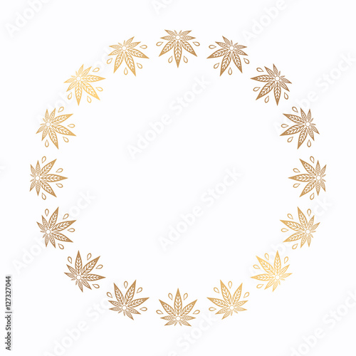 Round gold frame of cannabis. Border of stylized hemp leaf to create promotional products, logos, decoration items.
