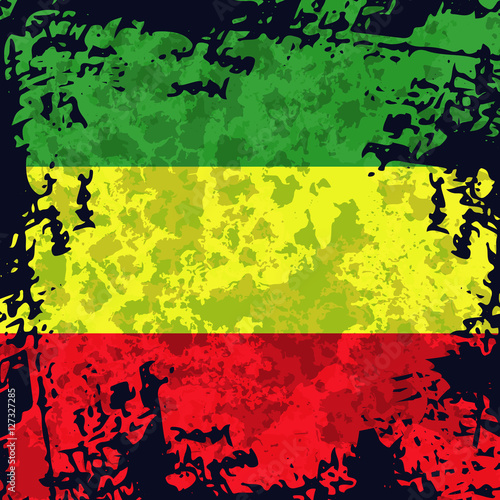 Green, yellow, red rasta flag. Rastafarianism grunge background. Colorful backdrop for decoration work in reggae, rastaman festivals, posters, promotional items.