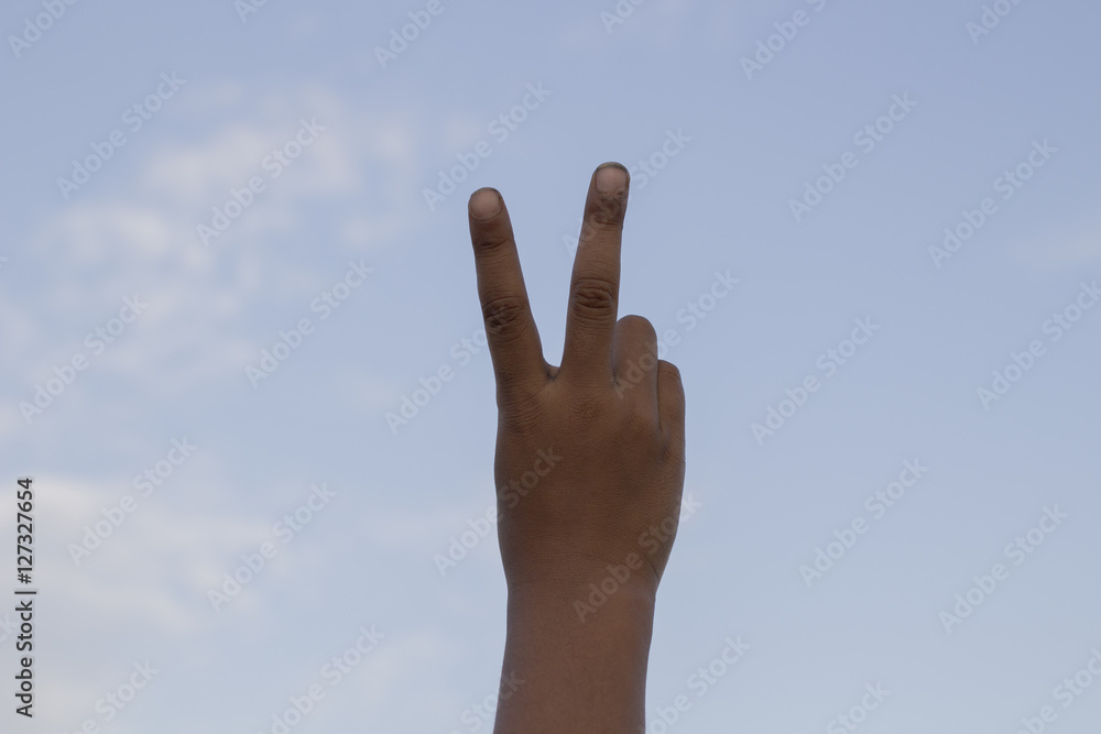 Hand with two fingers up in the peace or victory symbol Hand with two fingers up in the peace or victory symbol