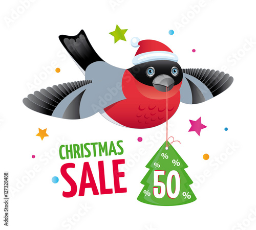 Holiday Bullfinch in Santa's Hat is flying with Greeting, holding in its beak a New Year Decoration - Christmas tree with price tag discounts. Color vector, isolated on background.