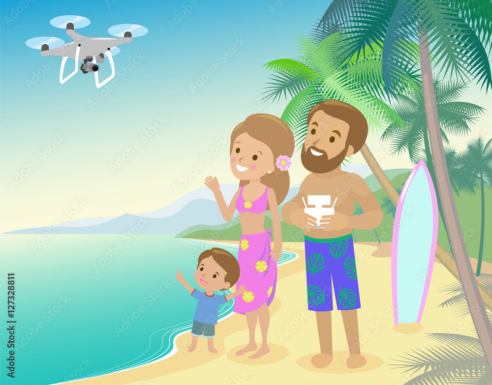 Family woman man mother father and kid child son on seashore with palm  vacation launch drone quadrocopter to take photo of video from holidays vector