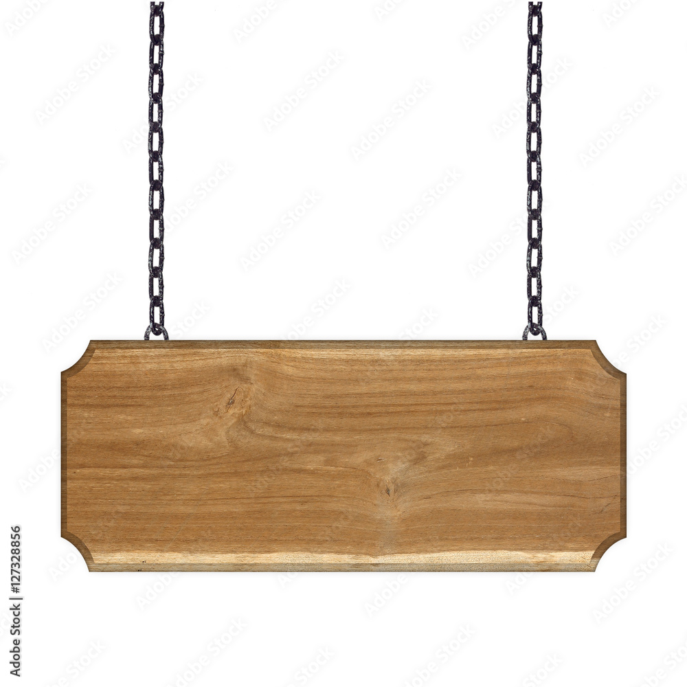 Wooden sign hanging on a chain isolated on white