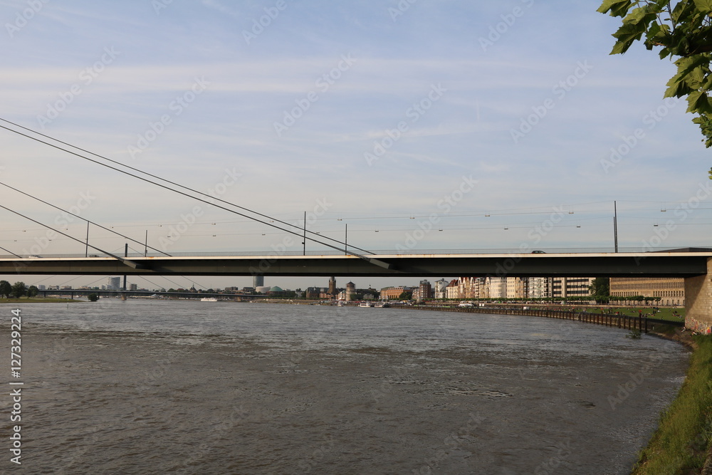 River Rhine and Rheinknie Bridge in Düsseldorf, Germany