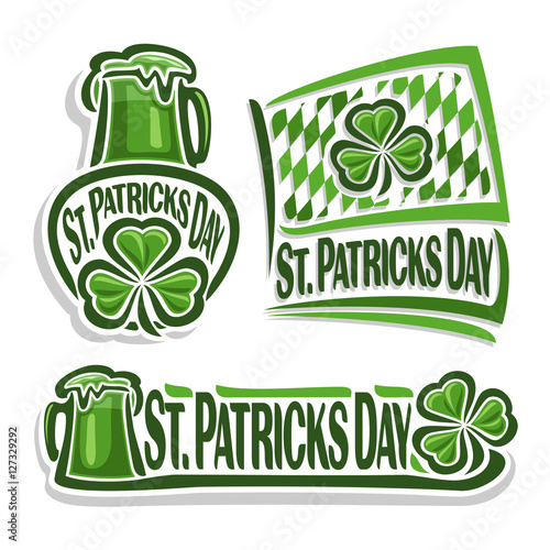 Vector abstract logo for St. Patrick's Day fest with Shamrock, Clover sign with green beer mug, on flag saint patrick day shamrock leaf and harlequin rhomb pattern, banner with tankard ale and clover.