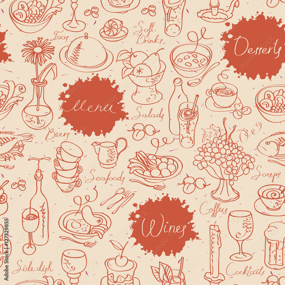 Fototapeta premium seamless texture of the pictures of kitchen utensils and various dishes