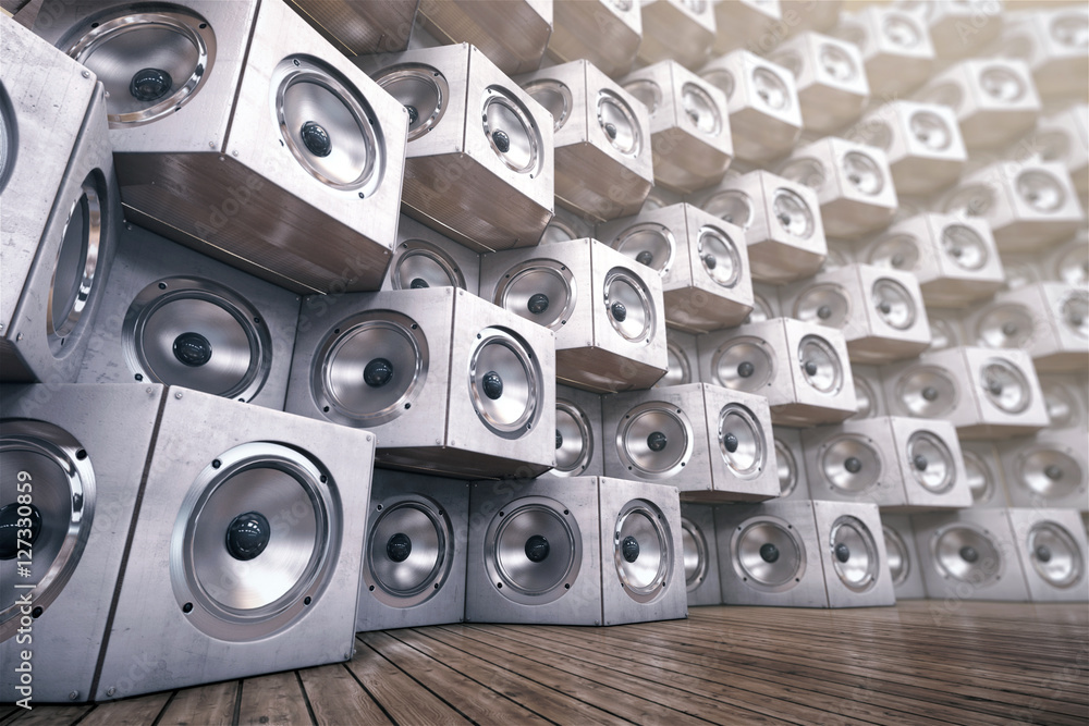 Obraz premium Wall of musical speakers on a wooden background. 3d Illustration