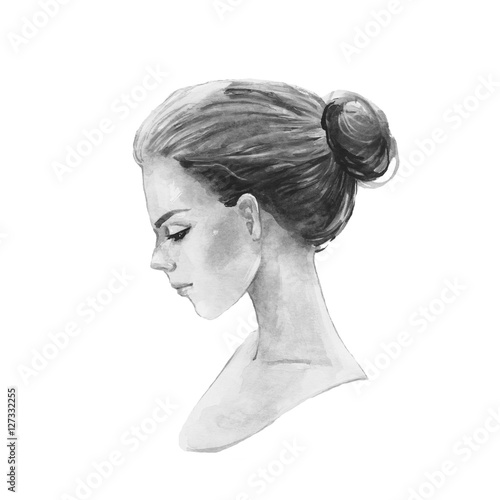 Romantic girl. Hair in a bun. Hand drawn illustration. Black and white watercolor painting
