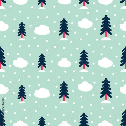 Cute winter holiday seamless pattern with blue background, clouds, snowflakes and Christmas trees © cristinn