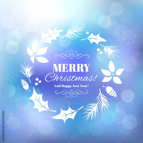 Christmas background with floral frame. Vector illustration.
