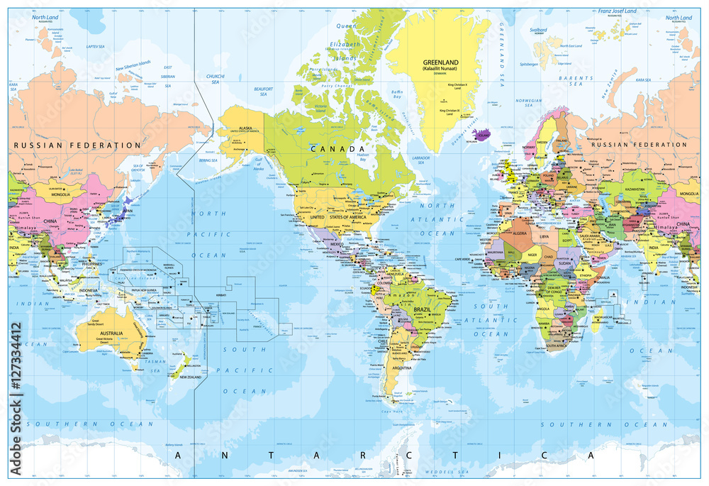 World Map - America in center - Bathymetry