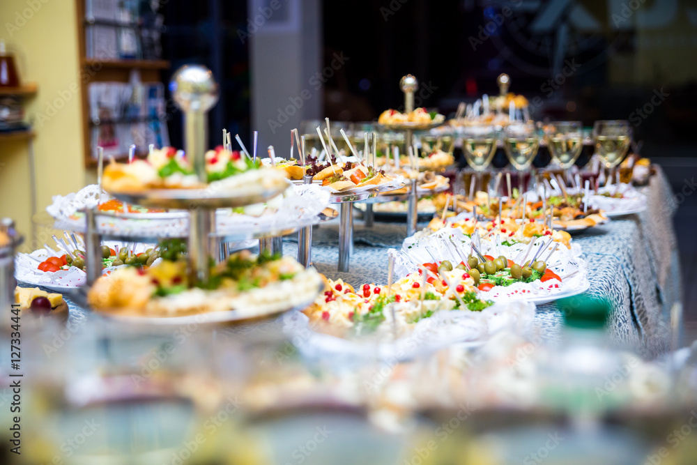 buffet table, Canape, sandwiches, snacks, holiday table, sliced, glasses, celebration, new year, christmas, fourchette, catering, table setting, restaurant