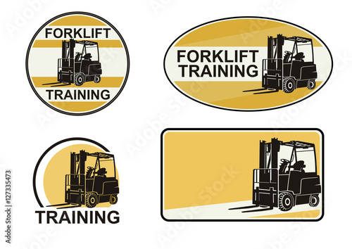Set of forklift training stickers. Flat vector.