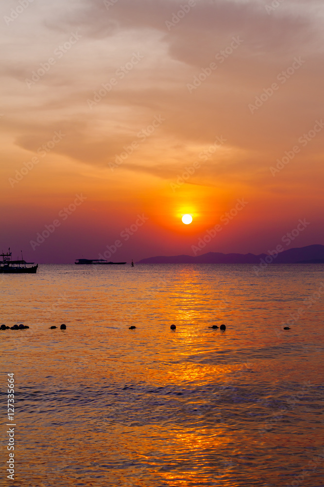 Beautiful landscape. sunset on the beach with fishing boat Beautiful landscape. sunset on the beach with fishing boat