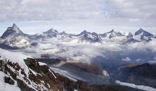 a view of the Swiss Alps in the Valais from the Matterhorn to Dent Blanche