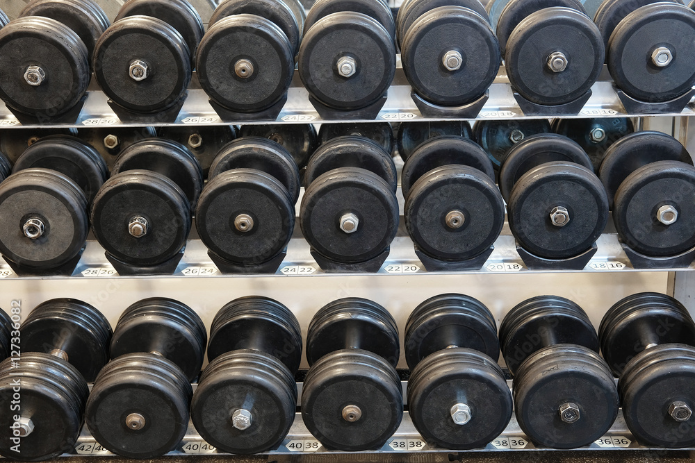 The image of dumbbells in a fitness hall The image of dumbbells in a fitness hall