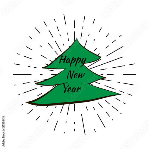 Happy new year and Christmas Tree with vintage sun star burst frame