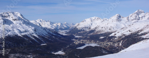 the Engadin valley with frozen lakes during winter