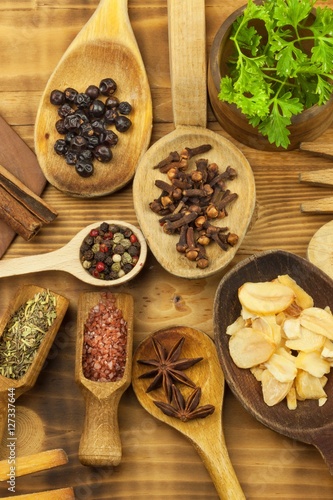 Various kinds of spices on the kitchen table. Seasoning food. Sales of exotic spices. Advertising on spices. Powder spices on spoons in wooden table background. 