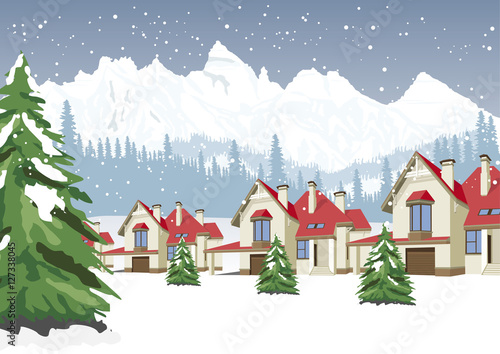 winter scenery with mountain ski resort
