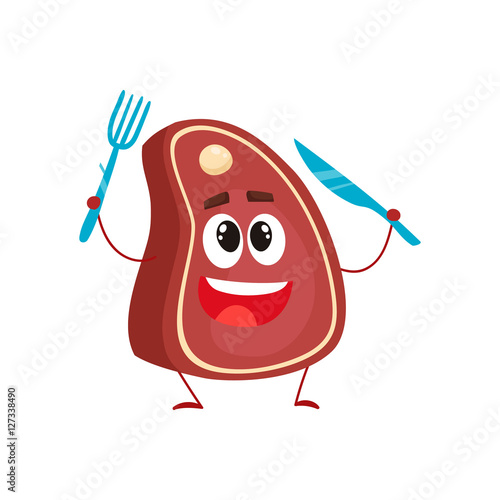 Funny beef steak character holding fork and knife, cartoon style vector illustration isolated on white background. Funny meat on bone, chop character with eyes, legs, and a wide smile