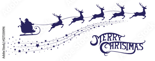 Merry Christmas banner. Silhouette Santa Claus in sleigh with deers flying on stars background. Design elements for decoration holiday poster, flyer, greeting card. Cartoon style. Vector illustration