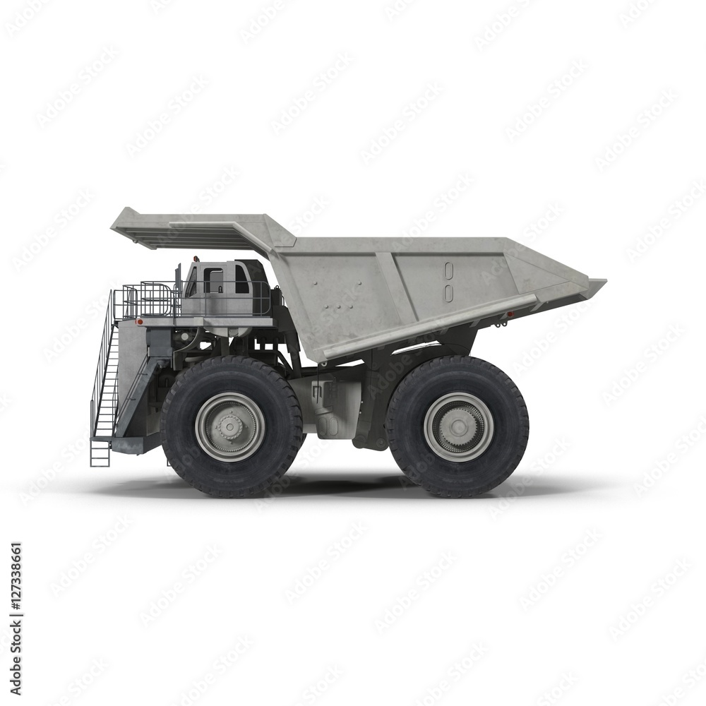 Heavy mining dump truck on white. Side view. 3D illustration