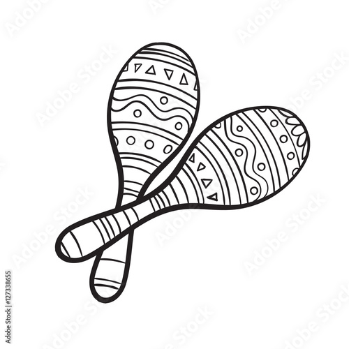 Pair of traditional Mexican brightly maracas or rumba shakers, black and white sketch style vector illustration isolated on white background. Couple of hand drawn Mexican maracas