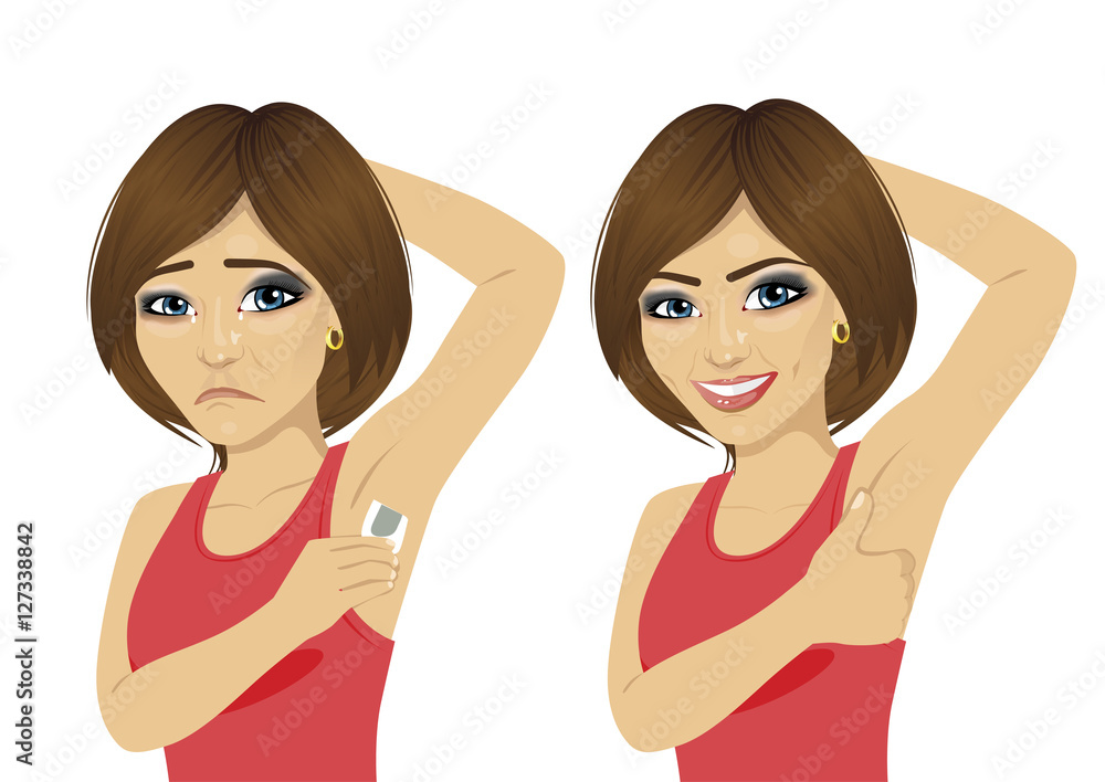young woman in two different action waxing armpit using cold wax strip hair removal young woman in two different action waxing armpit using cold wax strip hair removal