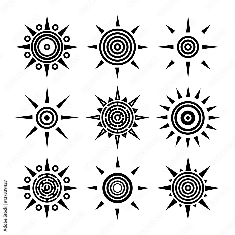 custom made wallpaper toronto digitalTribal ethnic boho collection of suns. Outline black sun icons isolated on white background. Set of radial elements for your design. Vector illustration