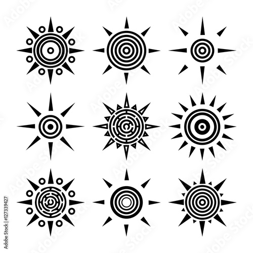 Wallpaper Mural Tribal ethnic boho collection of suns. Outline black sun icons isolated on white background. Set of radial elements for your design. Vector illustration Torontodigital.ca