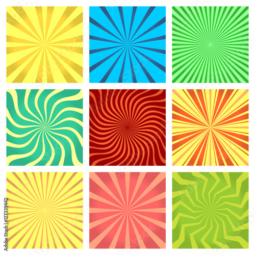 Set of popular backgrounds sun rays. Collection of abstract color bright bursts. Sunbursts texture set. Retro stars rays background. Sunbeams texture papers. Vintage poster light backgrounds. Vector