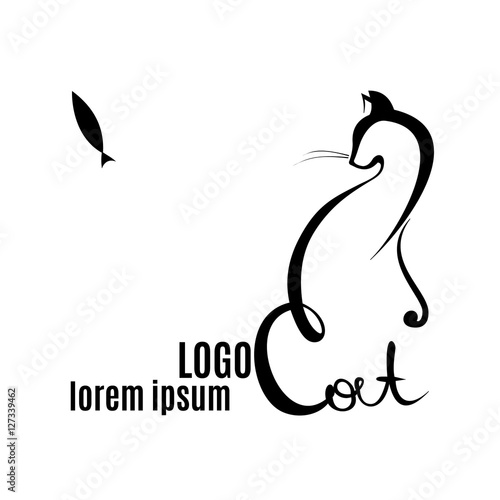 Abstract cat vector logo with lettering elements. Cat and fish outline icon. Black pet logo isolated on white background. Abstract design element. Vector illustration