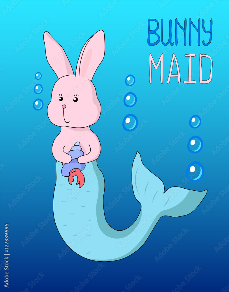 Bunny mermaid cartoon. Handdrawn vector illustration with text place.