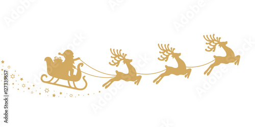 gold santa sleigh silhouette stars white background